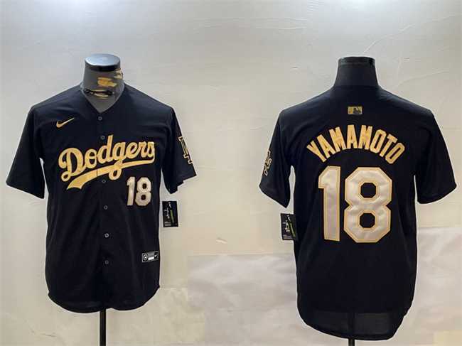 Mens Los Angeles Dodgers #18 Yoshinobu Yamamoto Black Gold Limited Stitched Jersey